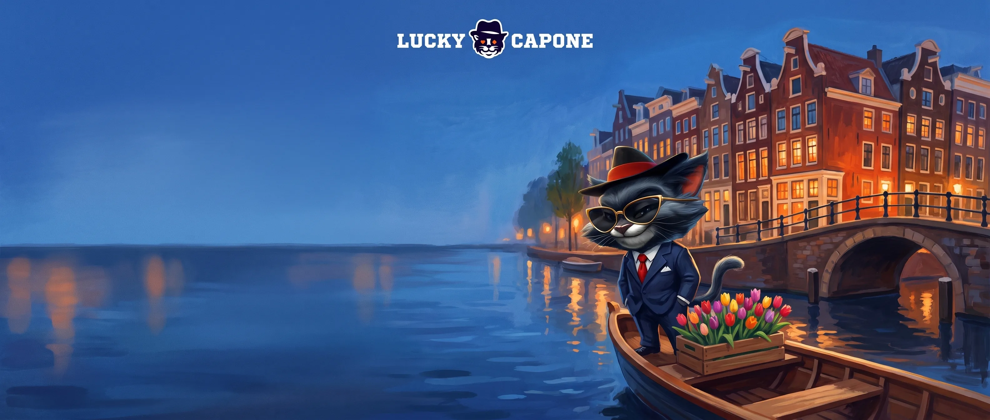 Lucky Capone op een boot bij de verlichte Amsterdamse grachten